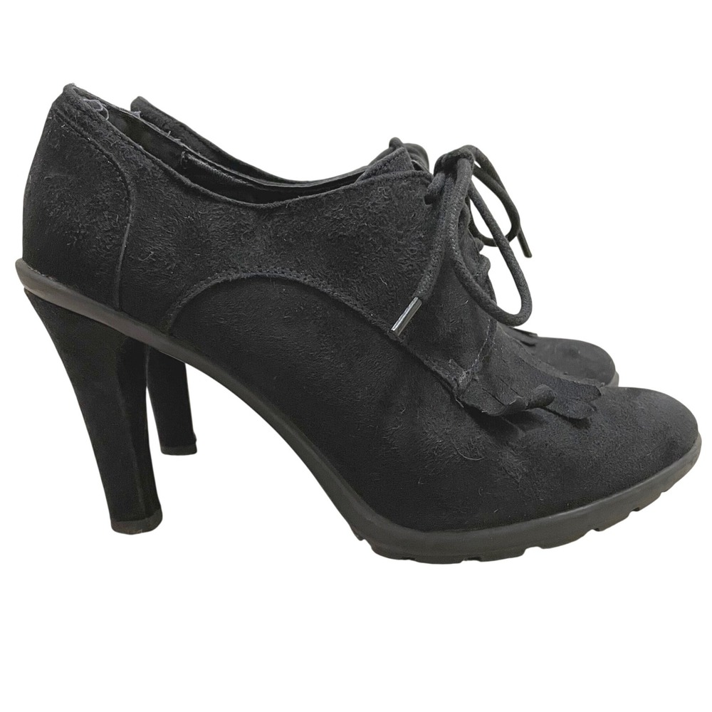 Tahari Temple Booties Black Faux Suede Lace Up Fringe High‎ Heel Shoes Size 7